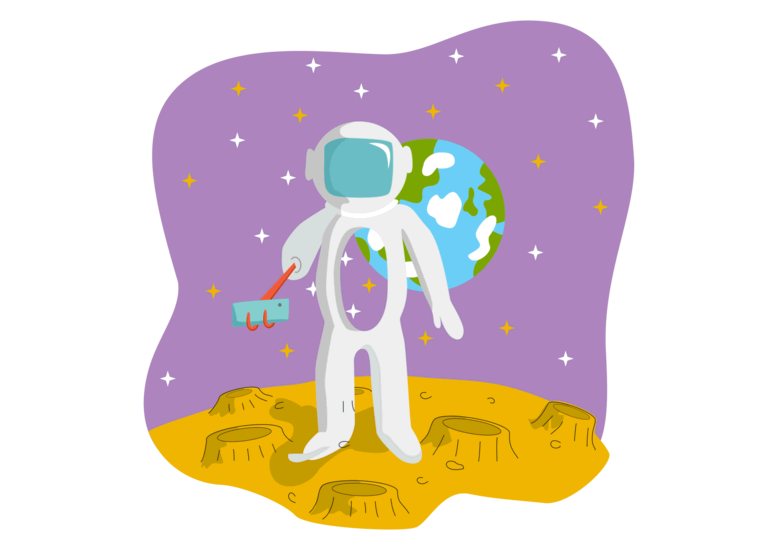 Spacesuit. Dummy astronaut in a spacesuit taking a selfie on the background of the Earth.